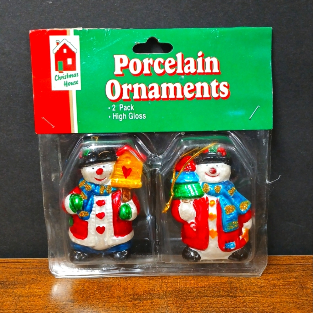 Pack of 2 Vintage Porcelain Snowman Christmas Ornaments, High Gloss